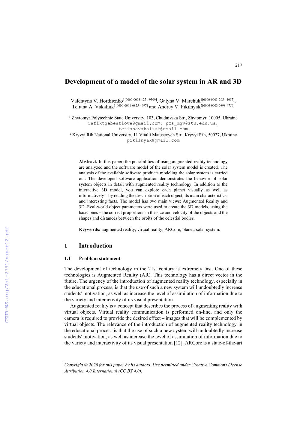 Development of a Model of the Solar System in AR and 3D