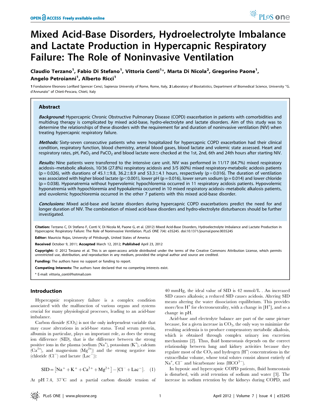 Mixed Acid-Base Disorders, Hydroelectrolyte Imbalance and Lactate Production in Hypercapnic Respiratory Failure: the Role of Noninvasive Ventilation