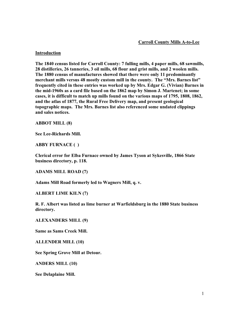 Carroll County Mills A-To-Lee Introduction the 1840 Census Listed