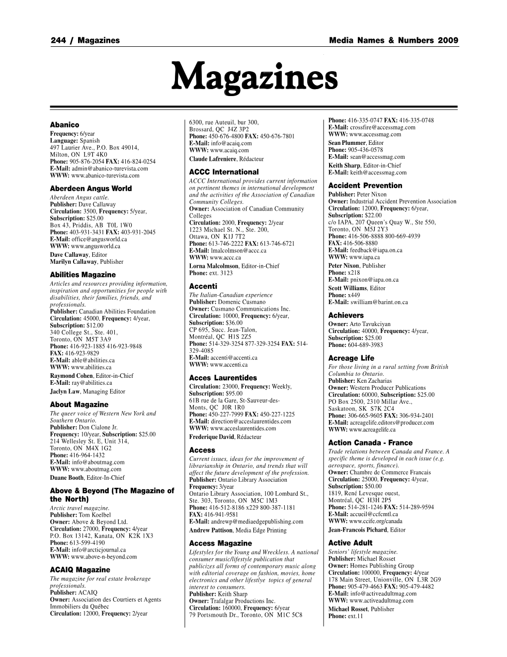 Magazines Media Names & Numbers 2009 Magazinesmagazines