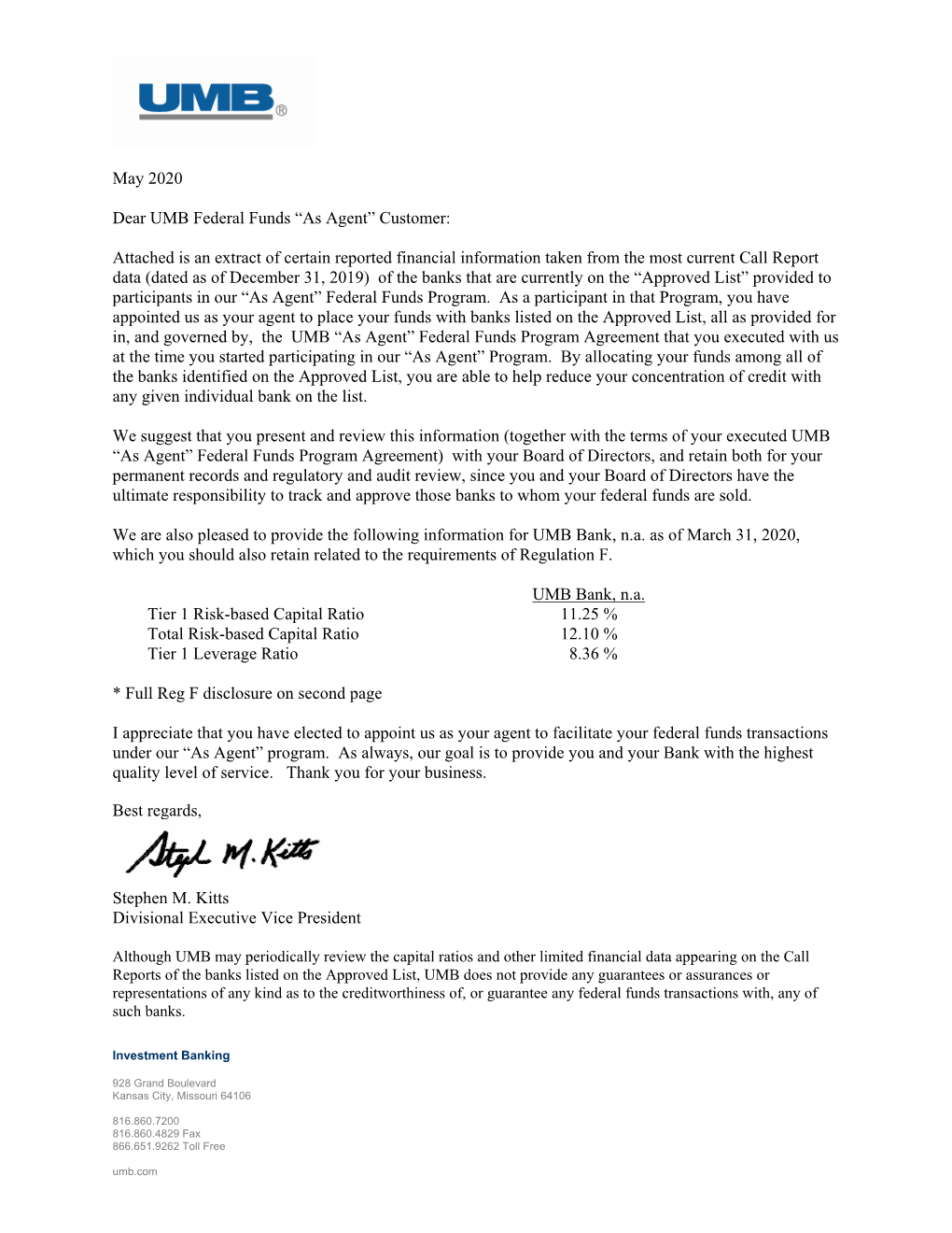 Fed Funds Reg F Statement Quarter Ending 12/31/2019