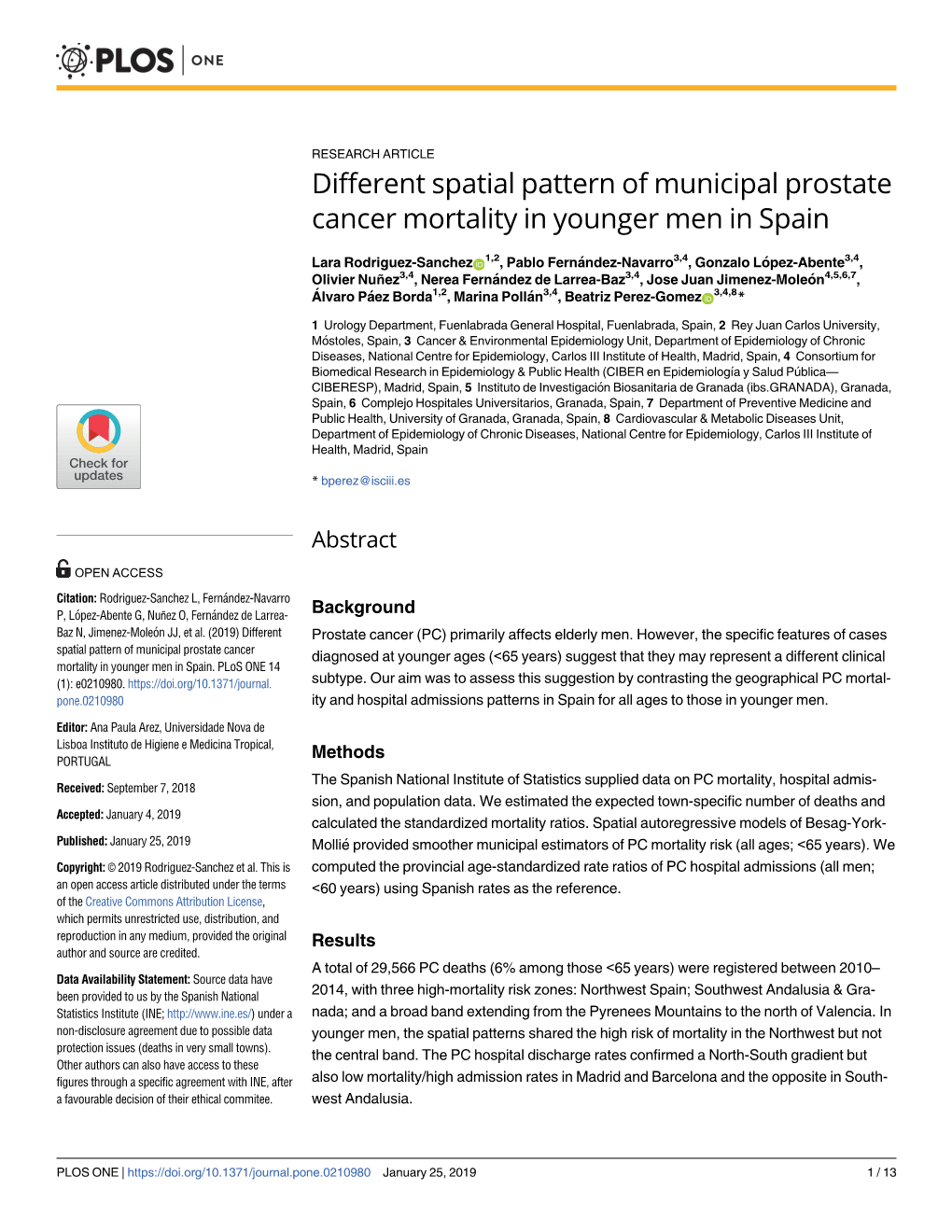 Different Spatial Pattern of Municipal Prostate Cancer Mortality in Younger Men in Spain