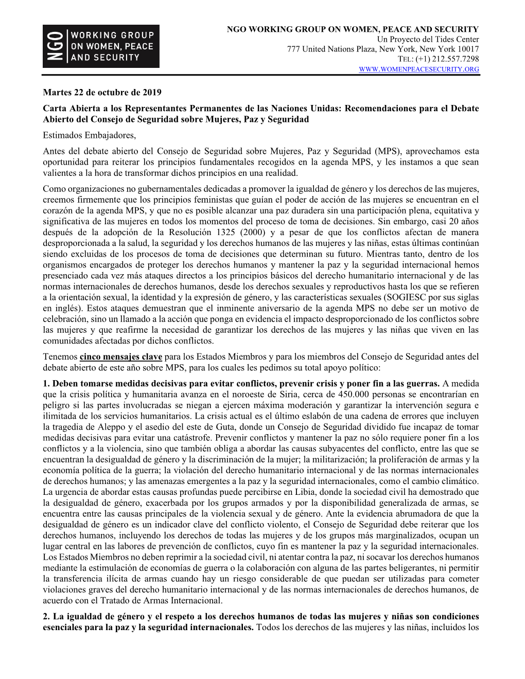 Martes 22 De Octubre De 2019 Carta Abierta a Los Representantes Permanentes De Las Naciones Unidas