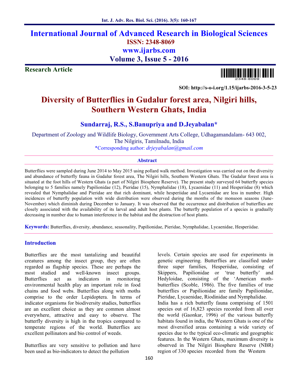 Diversity of Butterflies in Gudalur Forest Area, Nilgiri Hills, Southern Western Ghats, India