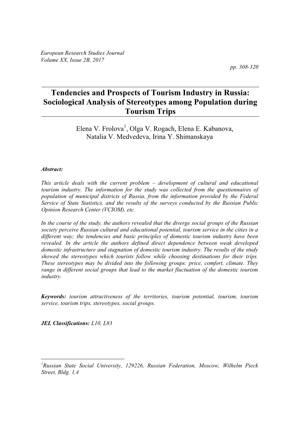 Tendencies and Prospects of Tourism Industry in Russia: Sociological Analysis of Stereotypes Among Population During Tourism Trips