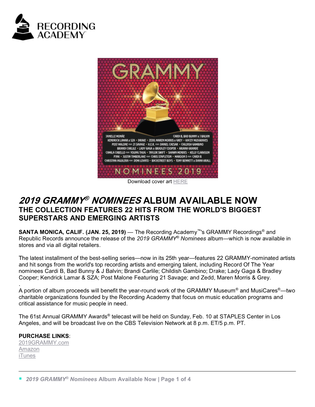 2019 Grammy® Nominees Album Available Now the Collection Features 22 Hits from the World's Biggest Superstars and Emerging Artists