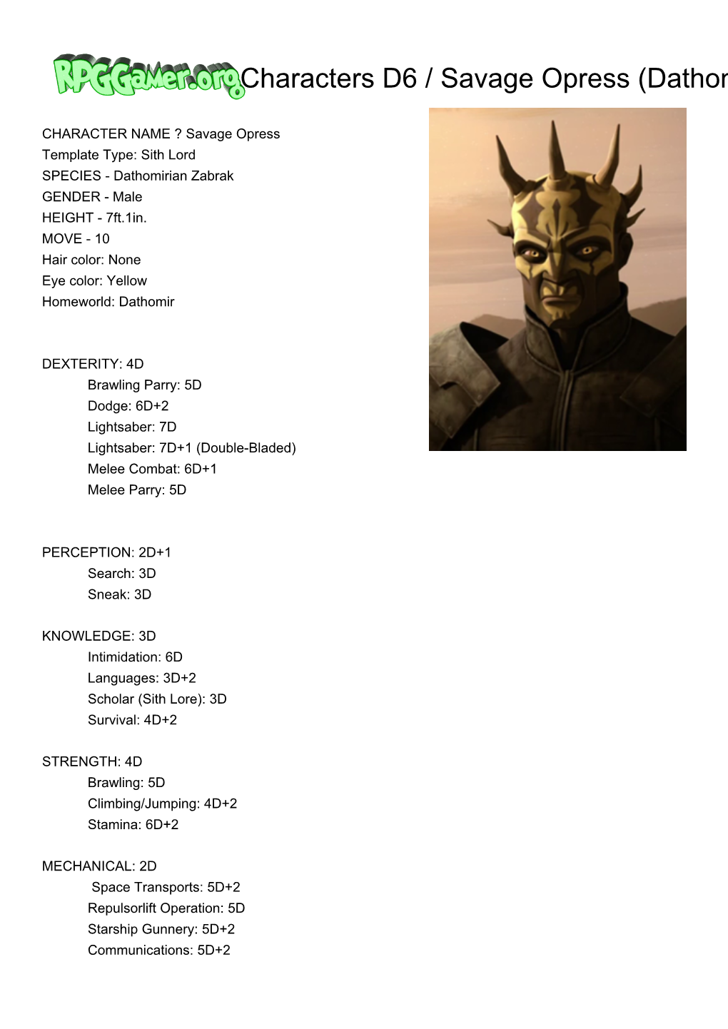 Rpggamer.Org (Characters D6 / Savage Opress (Dathomirian Zabrak Sith Lord)) Printer Friendly