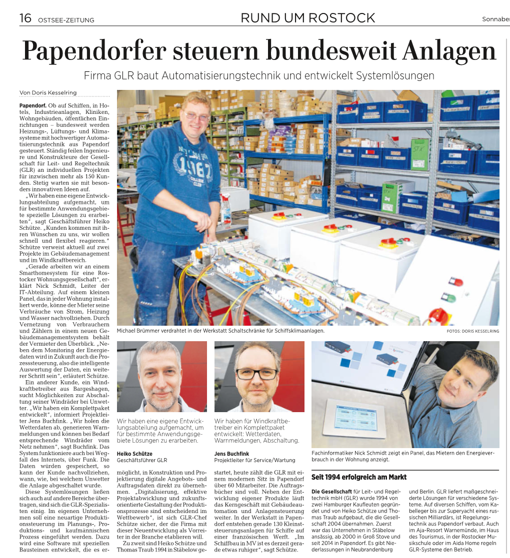 Papendorfer Steuern Bundesweit Anlagen Auf Neuen Firma GLR Baut Automatisierungstechnik Und Entwickelt Systemlösungen Markt