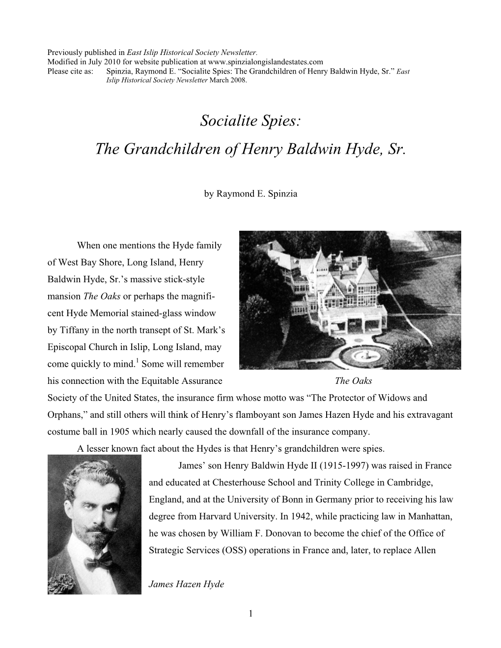 The Grandchildren of Henry Baldwin Hyde, Sr.” East Islip Historical Society Newsletter March 2008