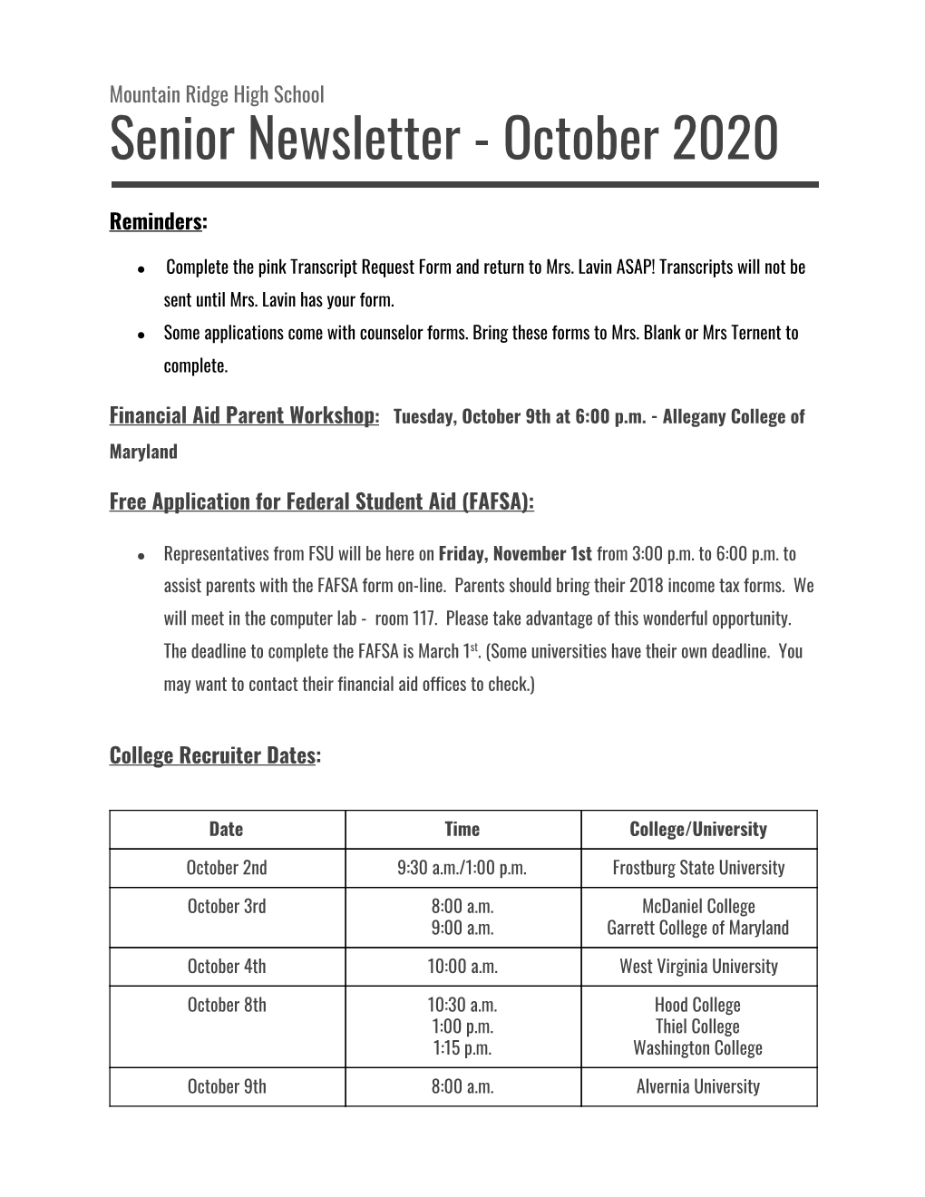 Senior Newsletter - October 2020