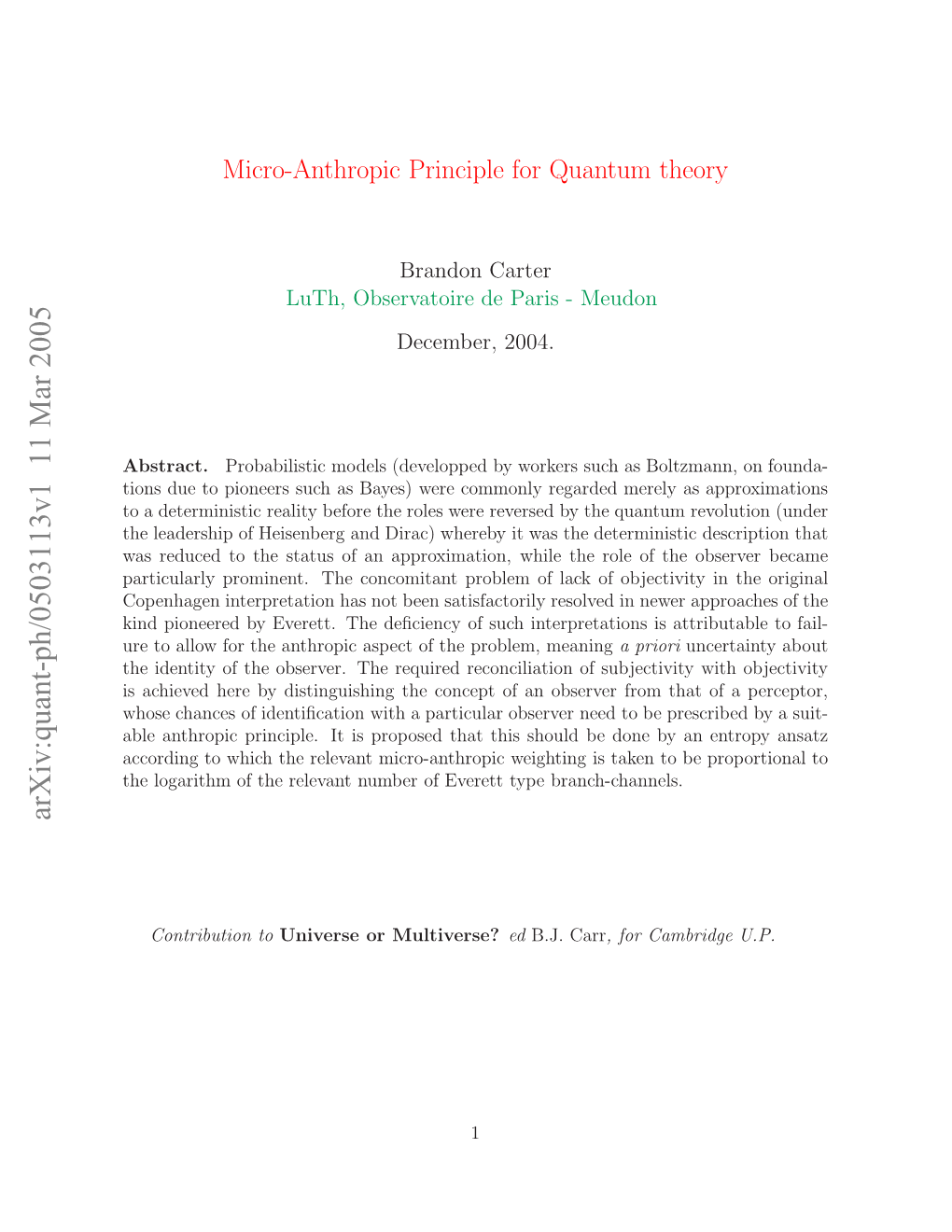 Micro-Anthropic Principle for Quantum Theory