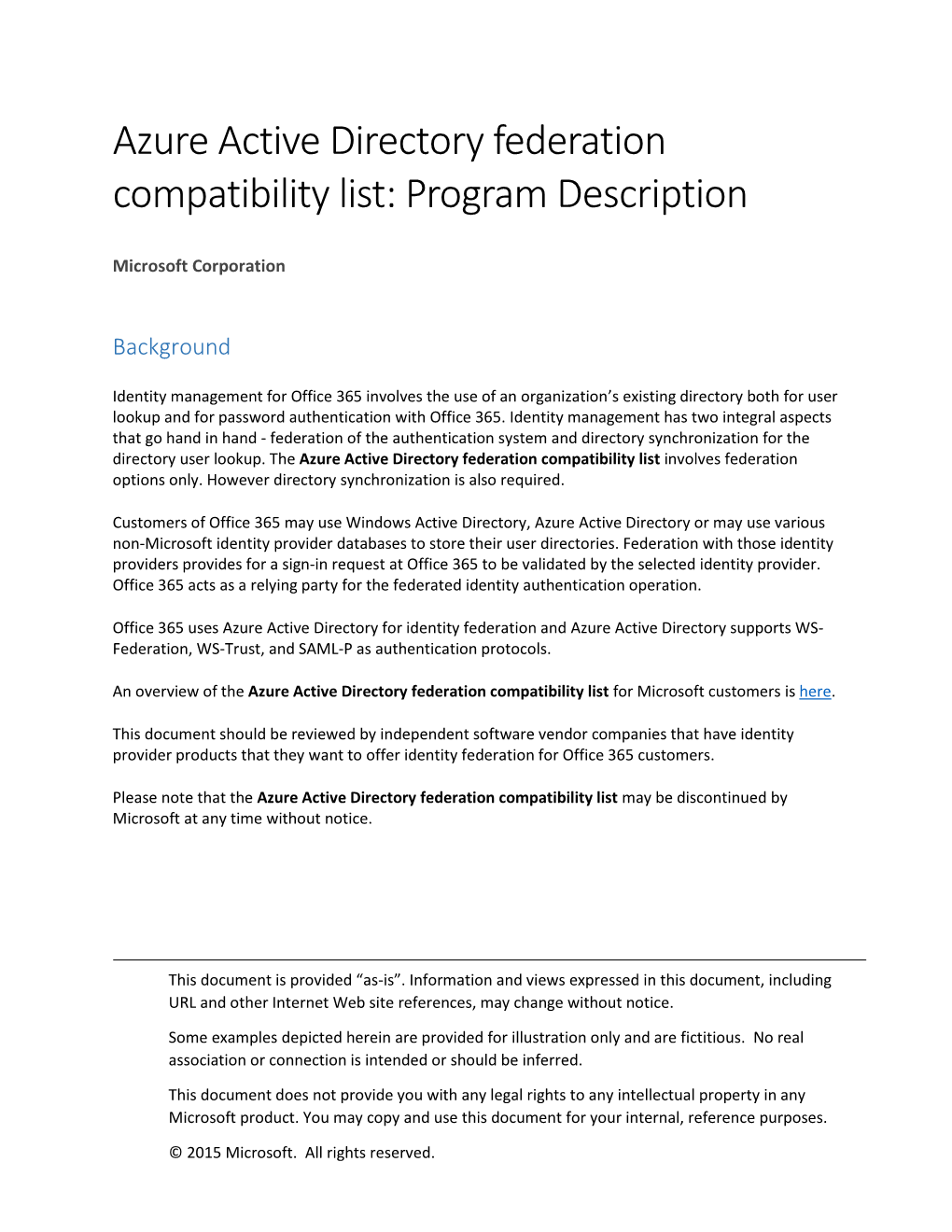 Azure Active Directory Federation Compatibility List: Program Description