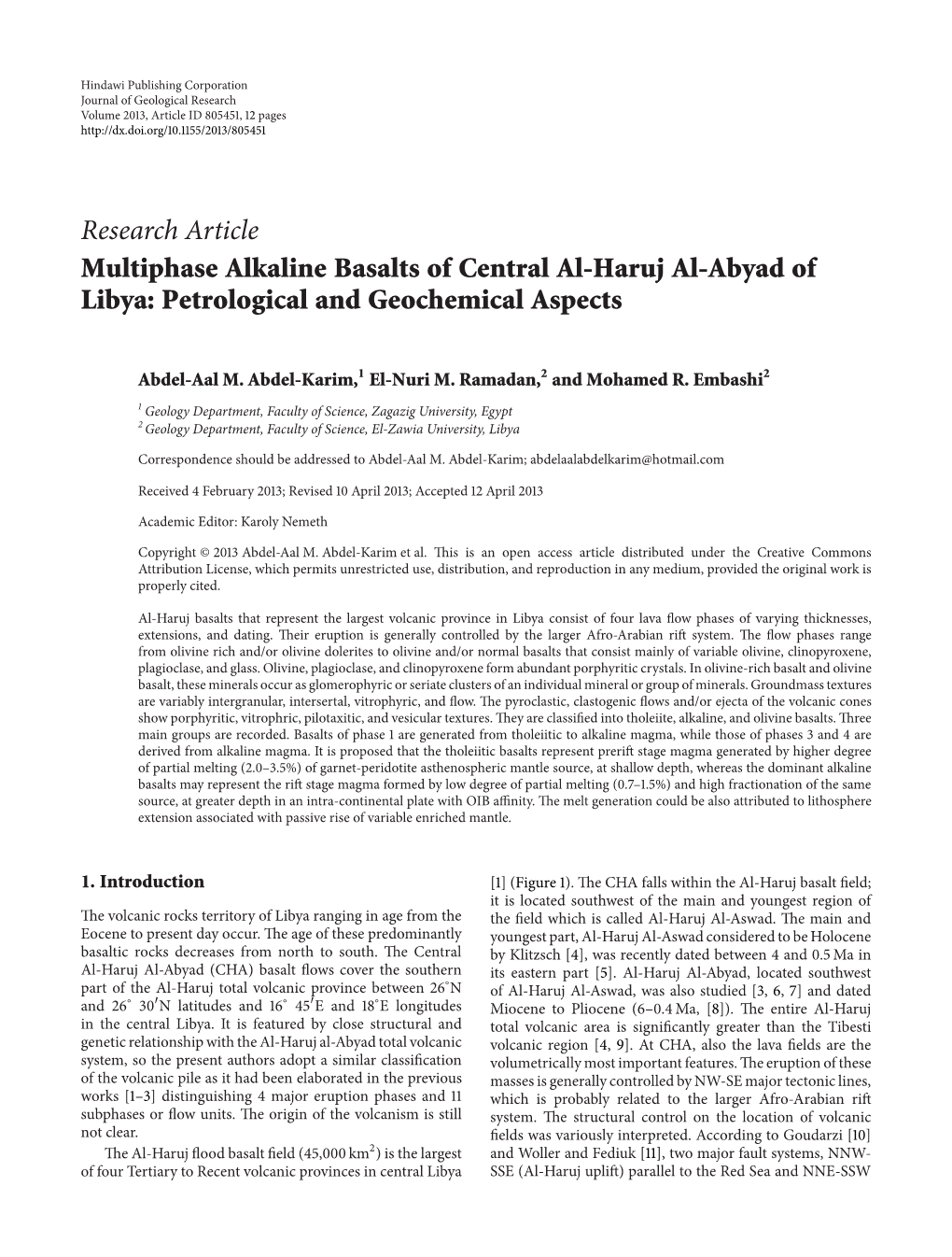 Multiphase Alkaline Basalts of Central Al-Haruj Al-Abyad of Libya: Petrological and Geochemical Aspects