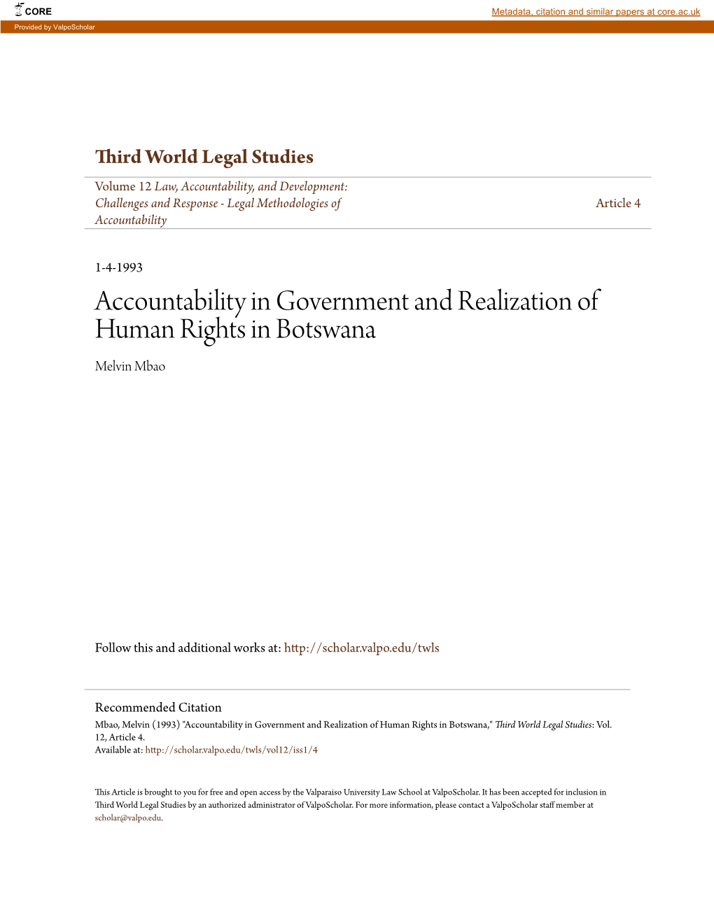 Accountability in Government and Realization of Human Rights in Botswana Melvin Mbao