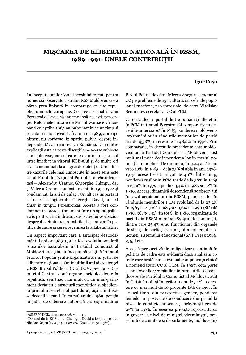 Mişcarea De Eliberare Naţională În Rssm, 1989-1991: Unele Contribuţii