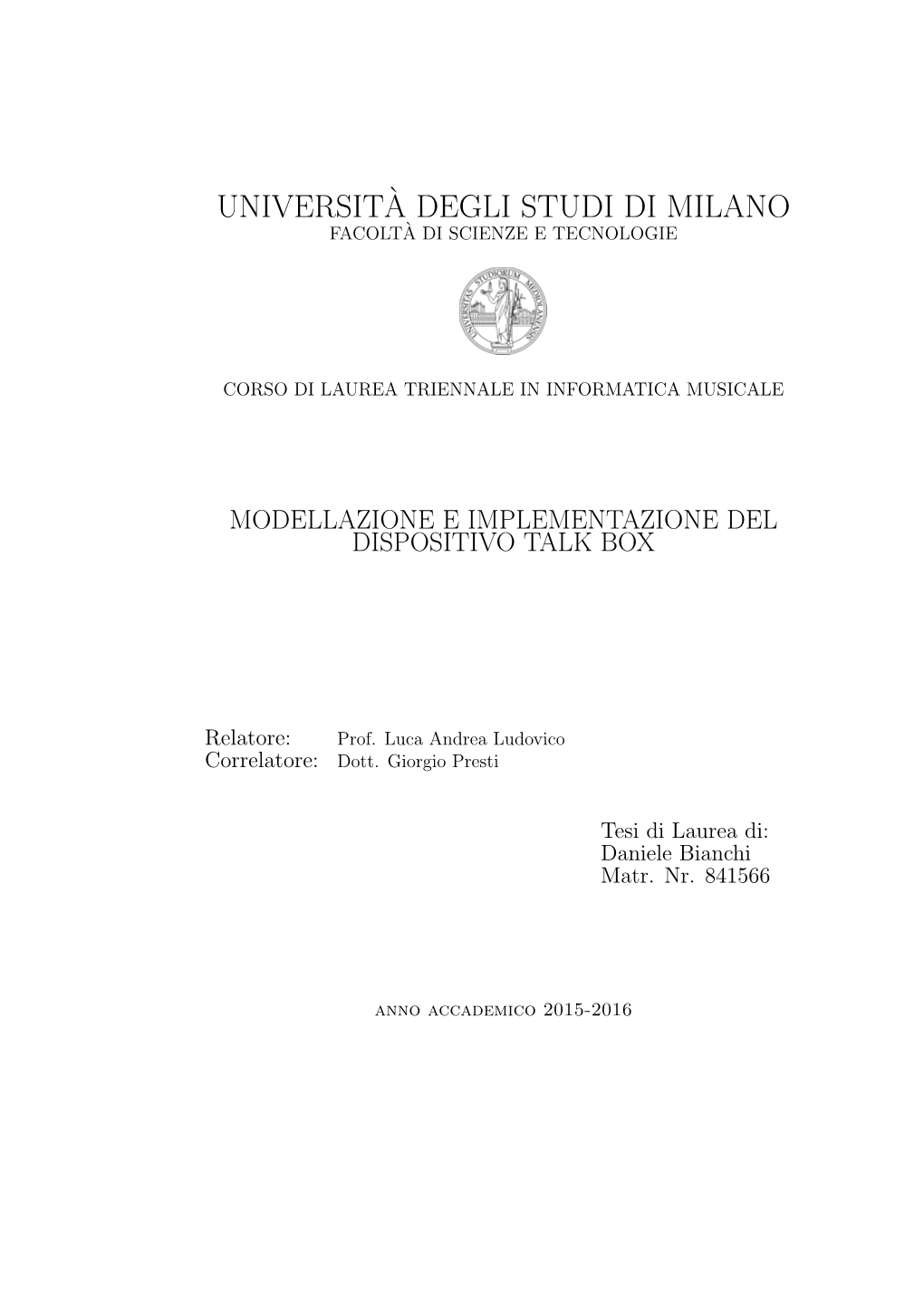 Universit`A Degli Studi Di Milano