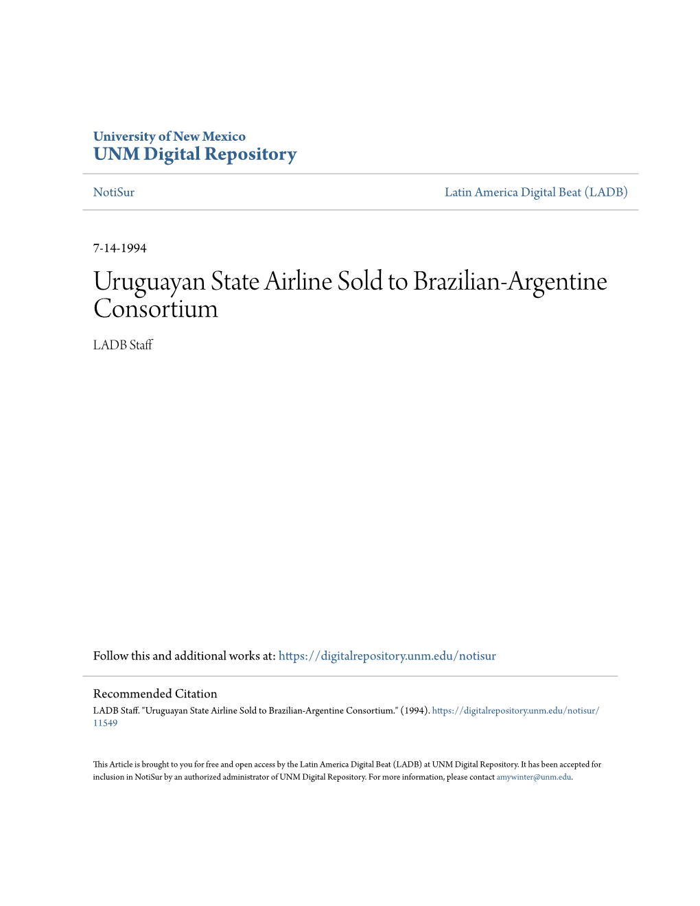 Uruguayan State Airline Sold to Brazilian-Argentine Consortium LADB Staff