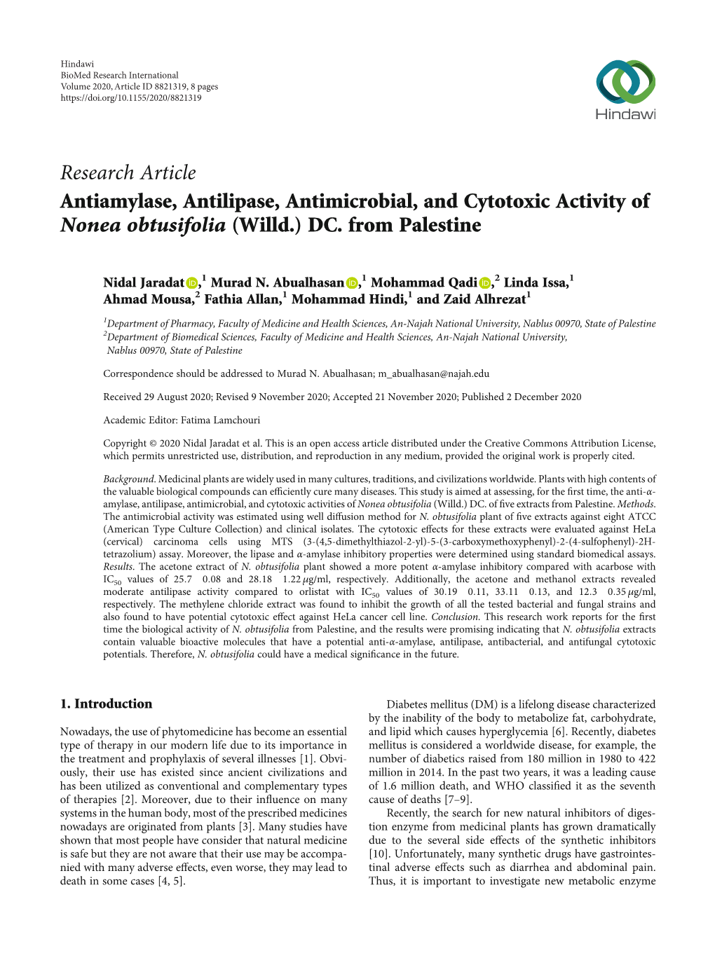 Antiamylase, Antilipase, Antimicrobial, and Cytotoxic Activity of Nonea Obtusifolia (Willd.) DC. from Palestine