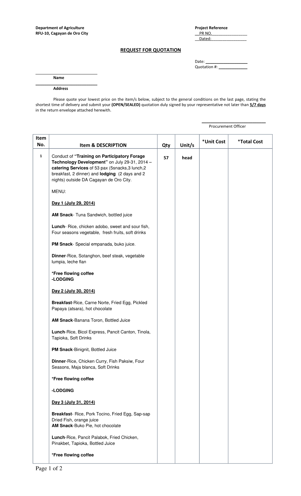 Provision of Catering Services Conduct Training On