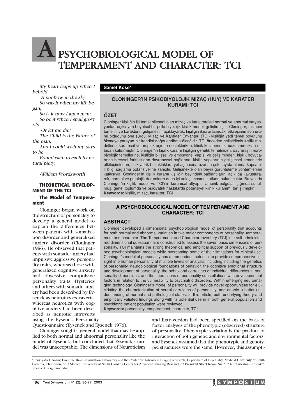 Psychobiological Model of Temperament and Character: Tci