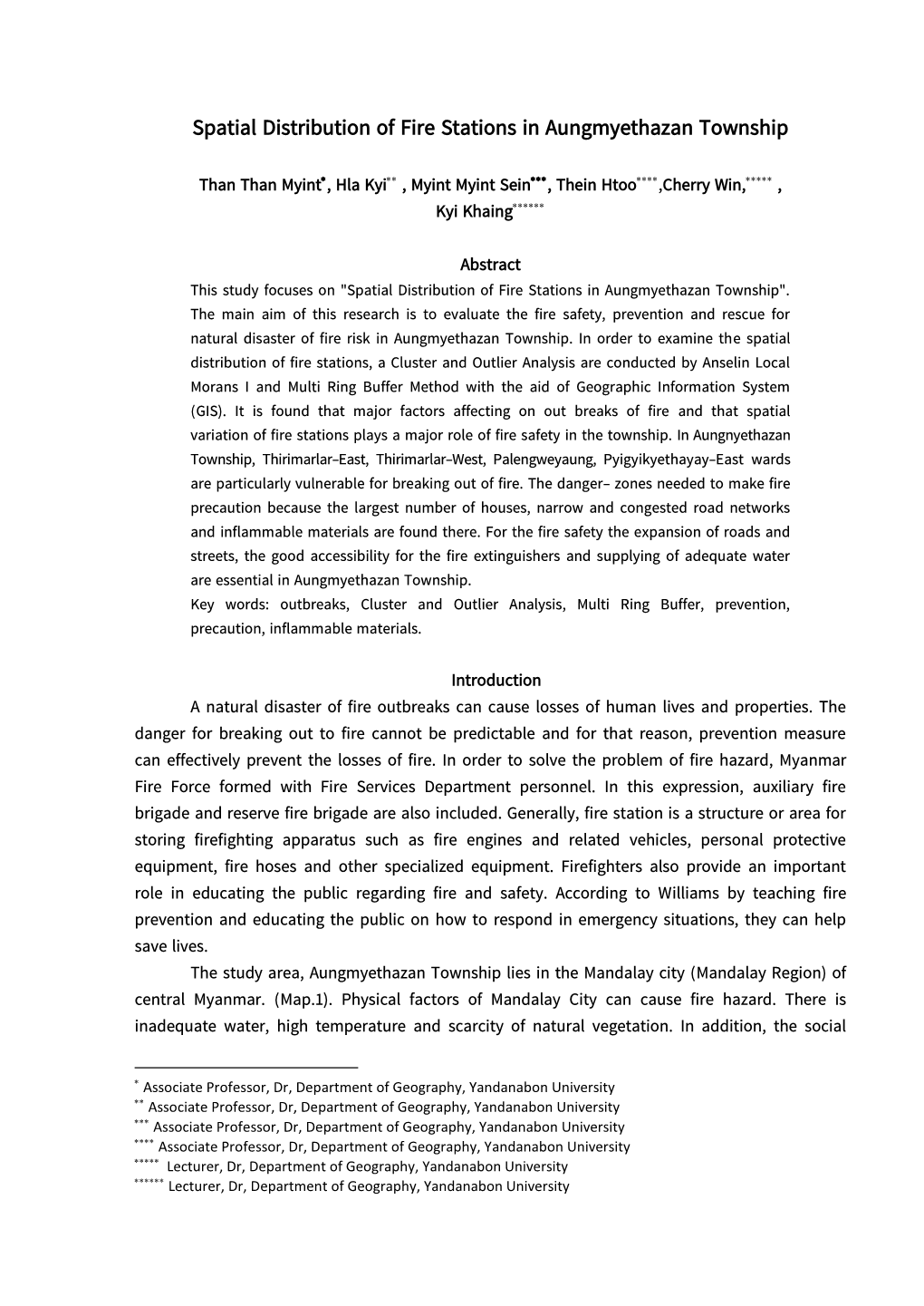 Spatial Distribution of Fire Stations in Aungmyethazan Township