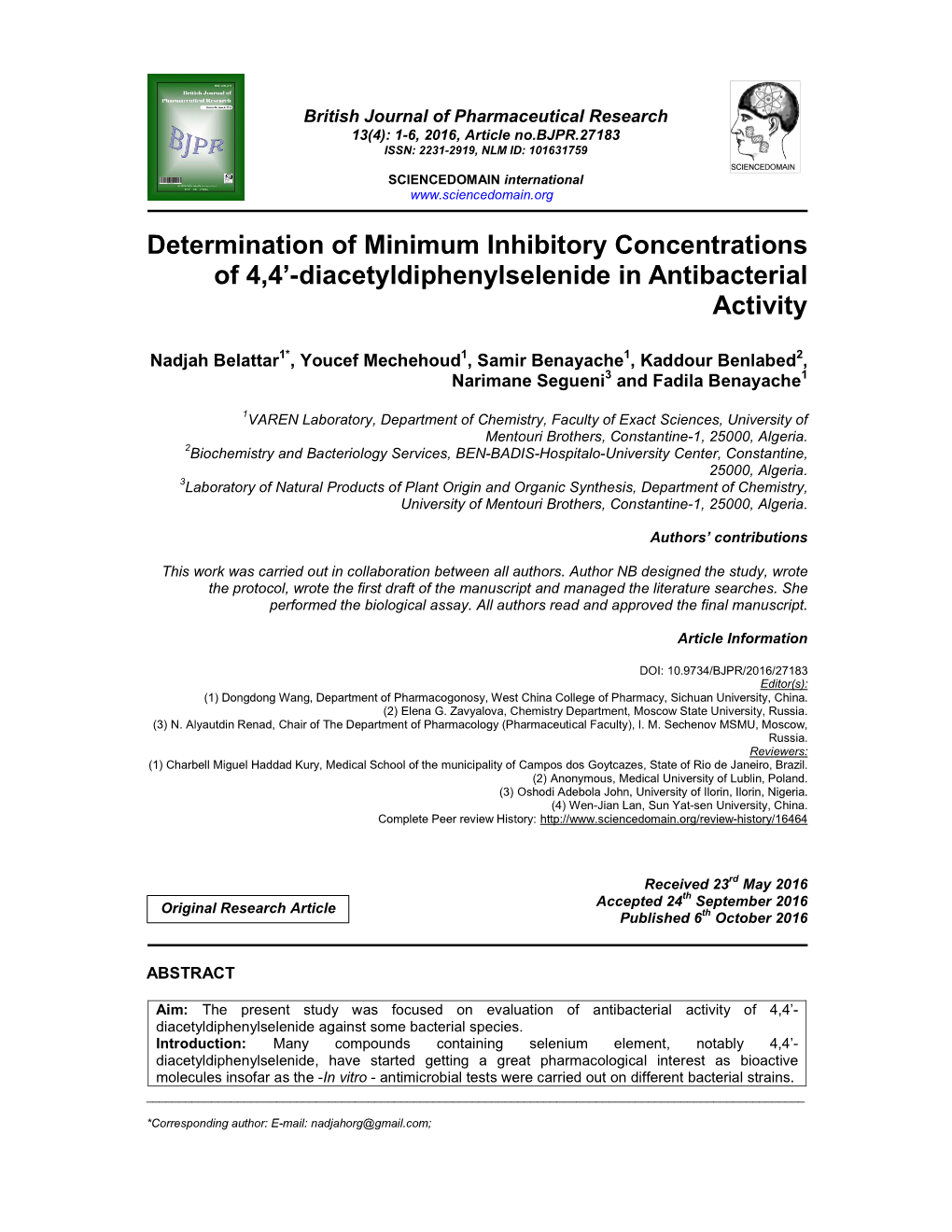 Determination of Minimum Inhibitory Concentrations of 4,4’-Diacetyldiphenylselenide in Antibacterial Activity