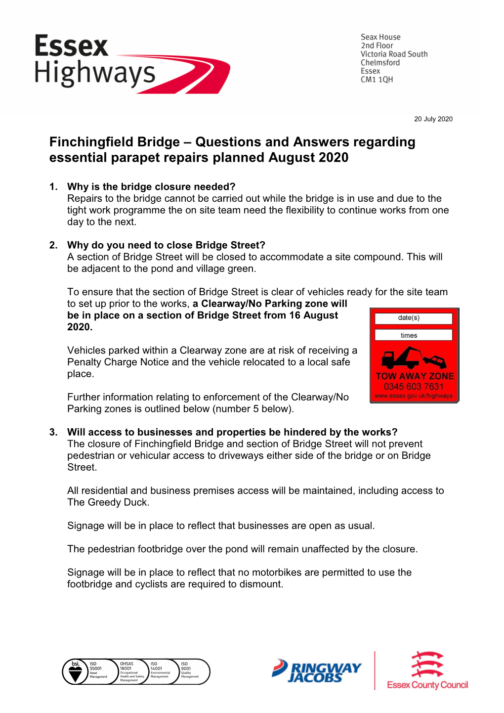 Finchingfield Bridge – Questions and Answers Regarding Essential Parapet Repairs Planned August 2020