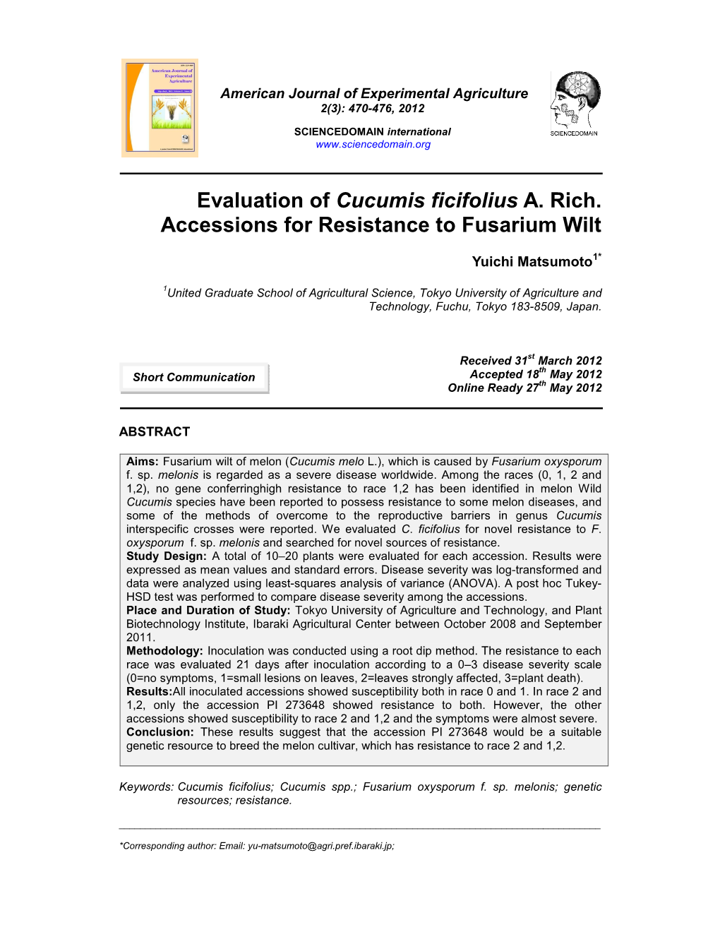 Evaluation of Cucumis Ficifolius A. Rich. Accessions for Resistance to Fusarium Wilt