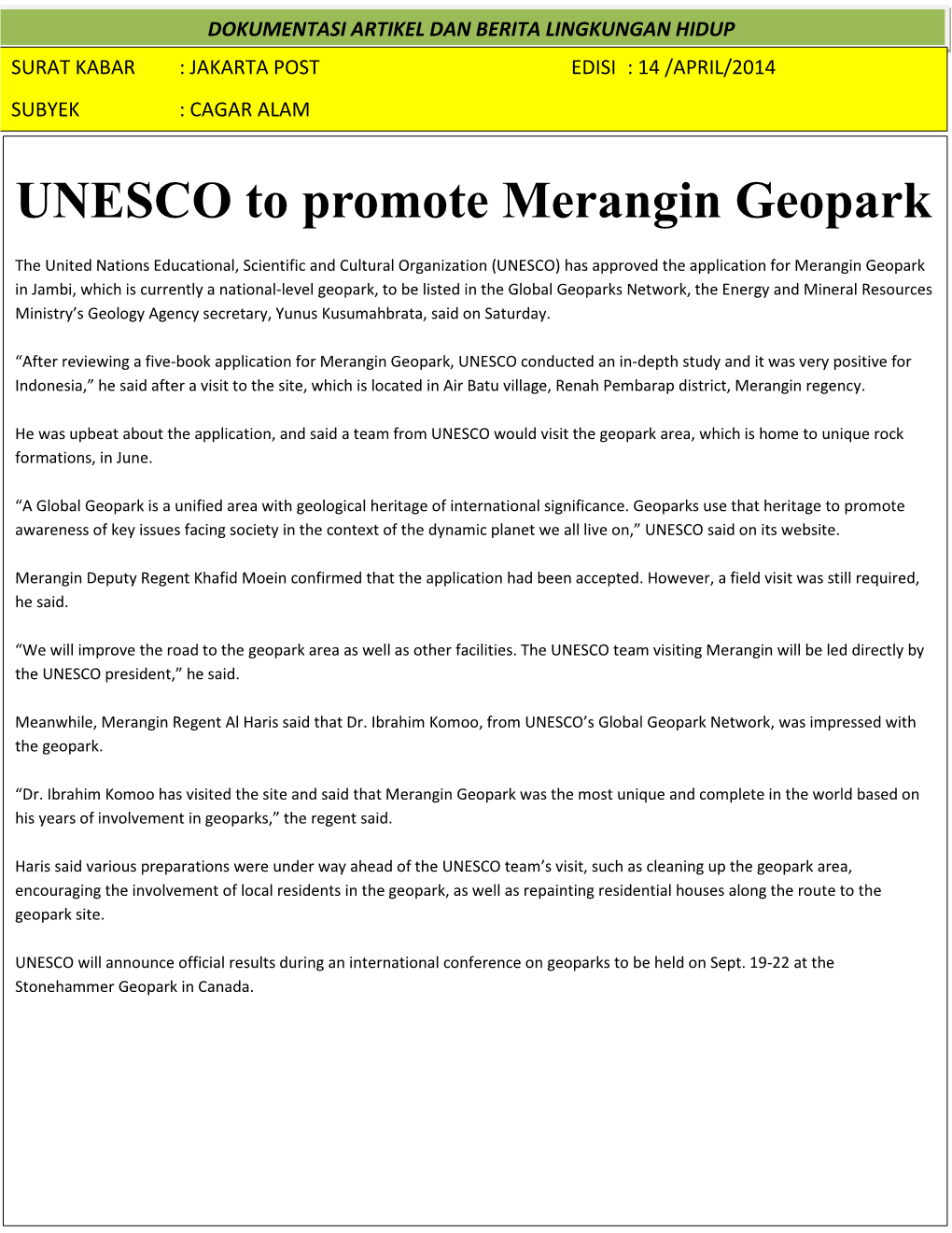 UNESCO to Promote Merangin Geopark