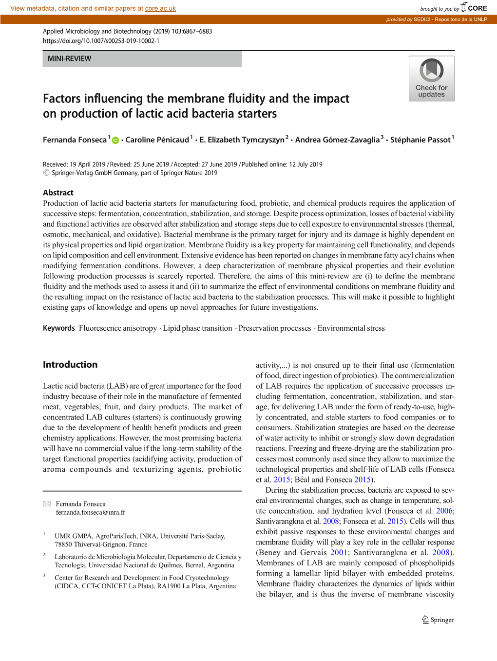 Factors Influencing the Membrane Fluidity and the Impact on Production of Lactic Acid Bacteria Starters