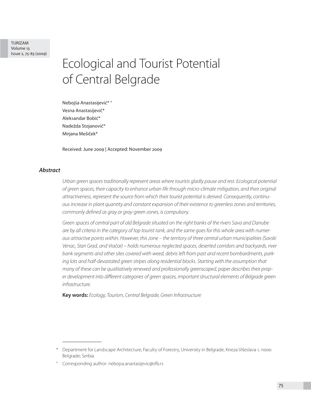 Ecological and Tourist Potential of Central Belgrade