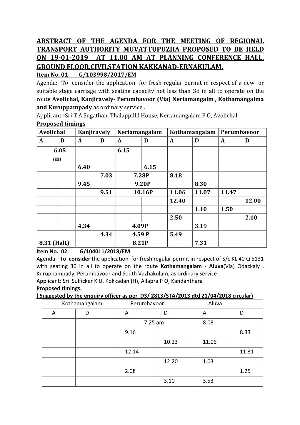 Abstract of the Agenda for the Meeting of Regional