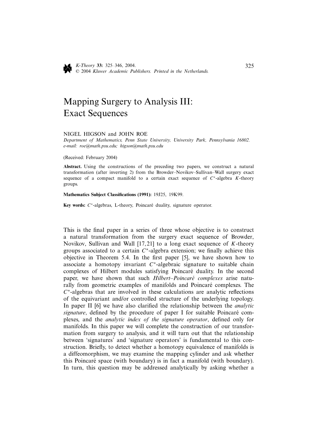 Mapping Surgery to Analysis III: Exact Sequences