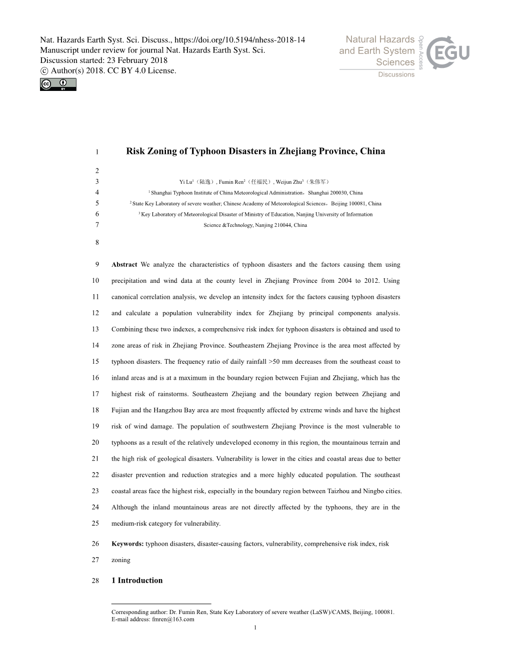 Risk Zoning of Typhoon Disasters in Zhejiang Province, China