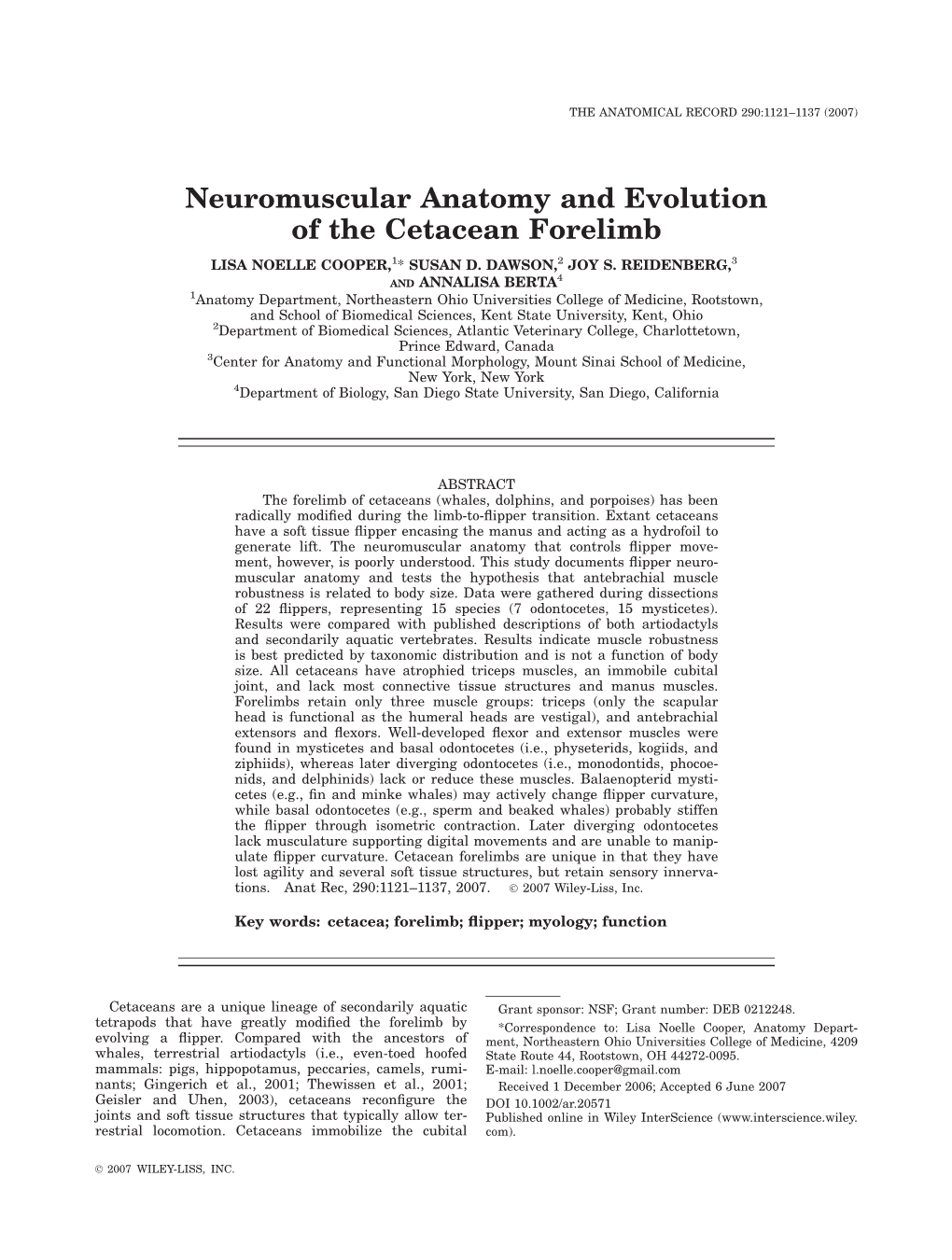 Neuromuscular Anatomy and Evolution of the Cetacean Forelimb