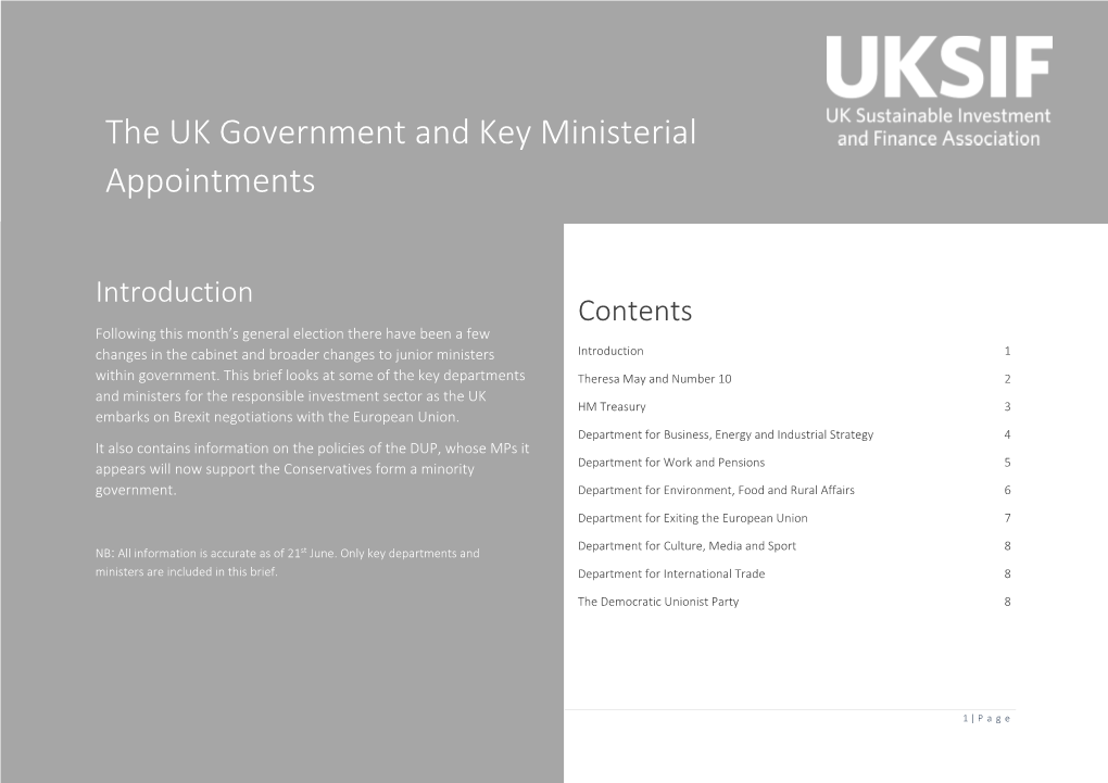 The UK Government and Key Ministerial Appointments