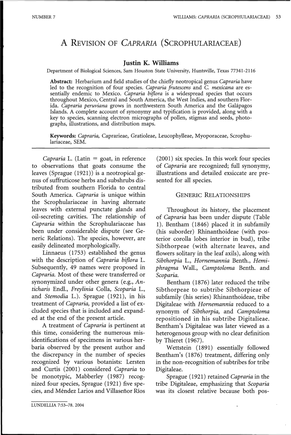 A Revision of Capraria ( Scrophulariaceae)