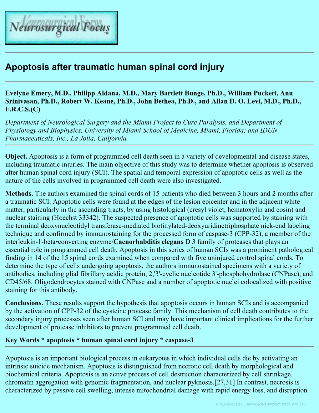 Apoptosis After Traumatic Human Spinal Cord Injury
