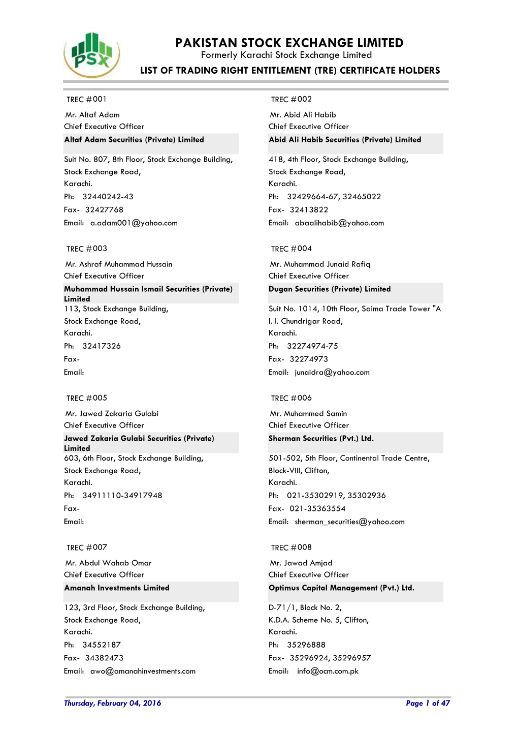 PAKISTAN STOCK EXCHANGE LIMITED Formerly Karachi Stock Exchange Limited LIST of TRADING RIGHT ENTITLEMENT (TRE) CERTIFICATE HOLDERS