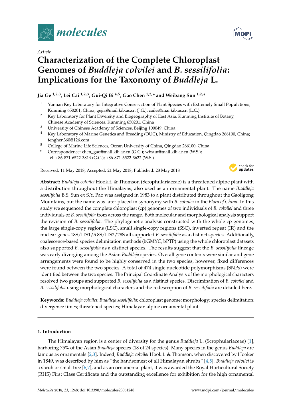 Characterization of the Complete Chloroplast Genomes of Buddleja Colvilei and B