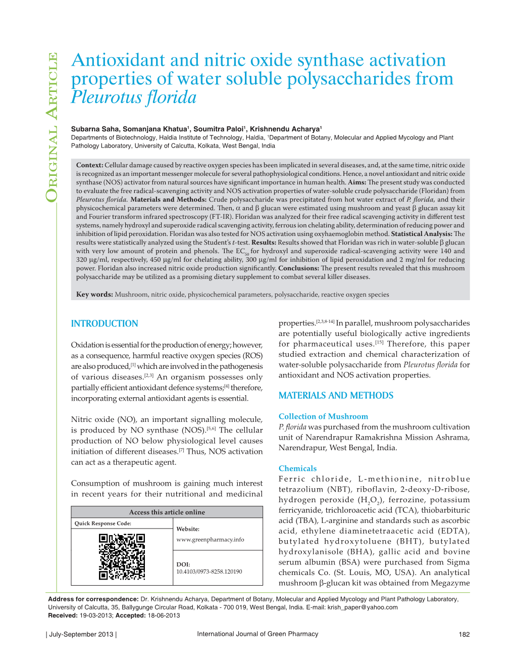 Antioxidant and Nitric Oxide Synthase Activation Properties of Water Soluble Polysaccharides from Pleurotus Florida