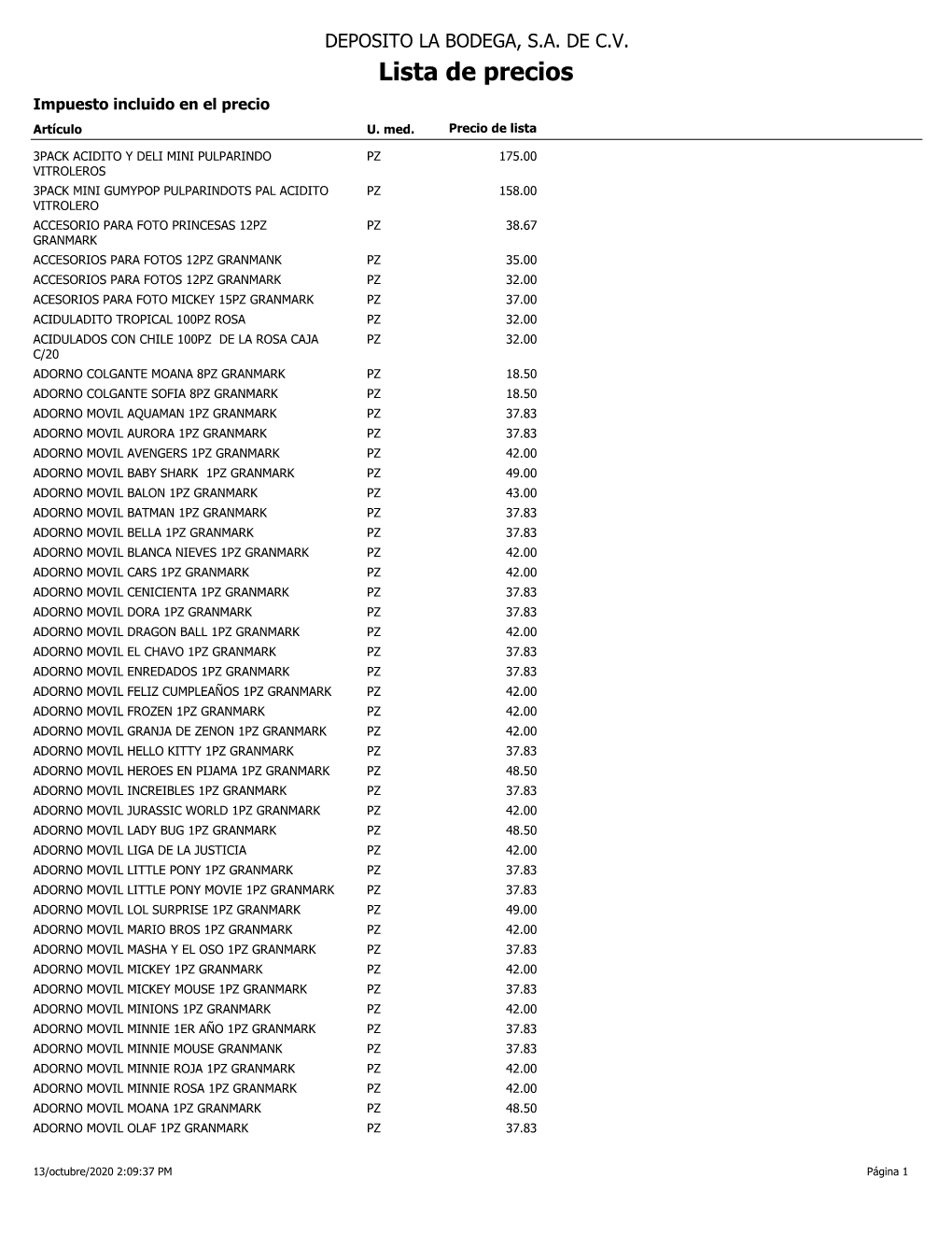 Lista De Precios Impuesto Incluido En El Precio Artículo U