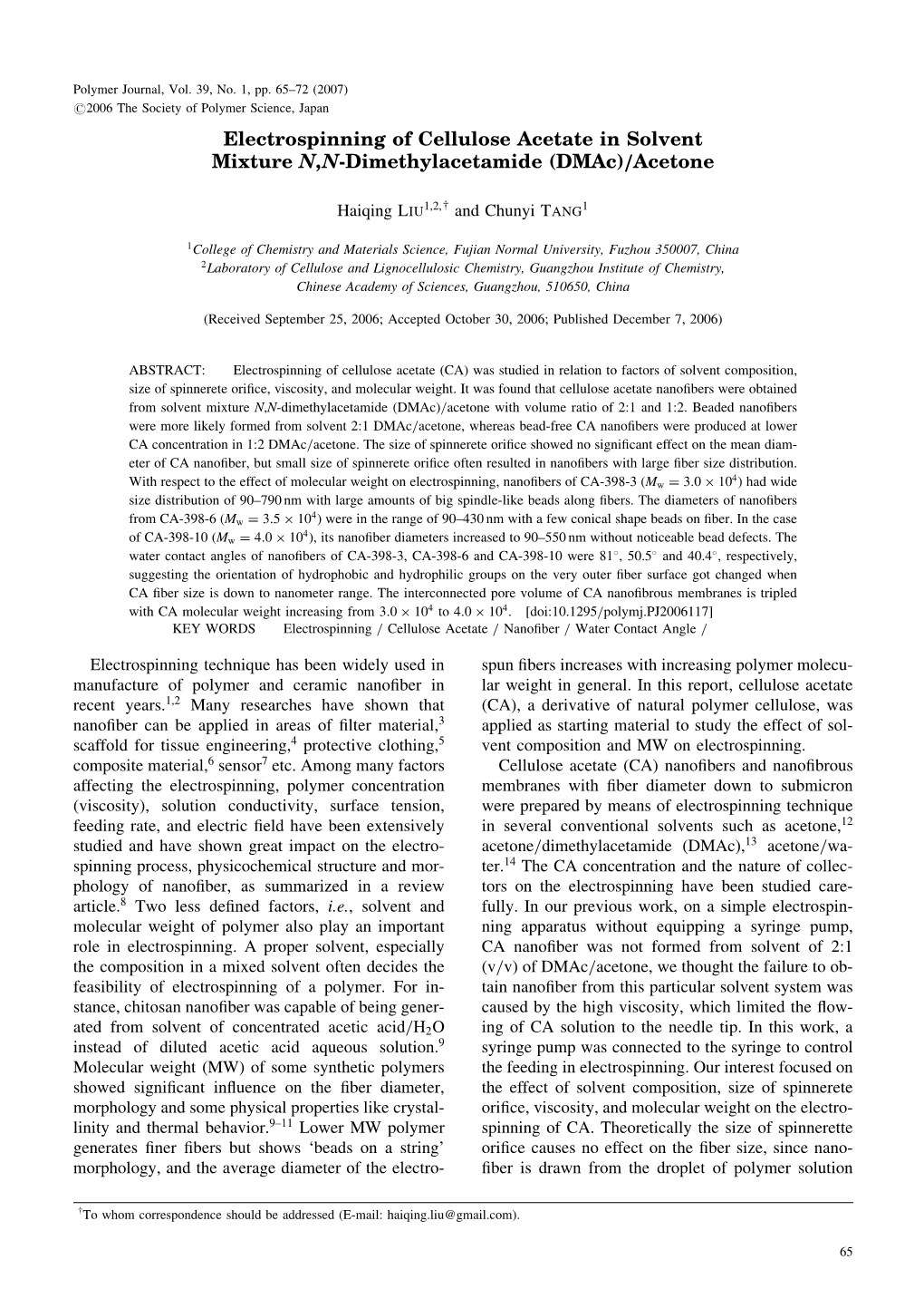 Electrospinning of Cellulose Acetate in Solvent Mixture N,N-Dimethylacetamide (Dmac)/Acetone