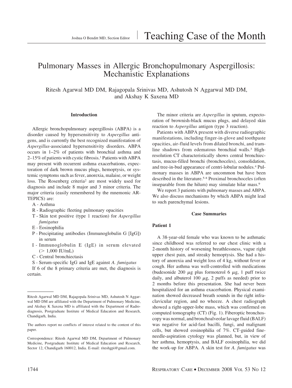 Pulmonary Masses in Allergic Bronchopulmonary Aspergillosis: Mechanistic Explanations