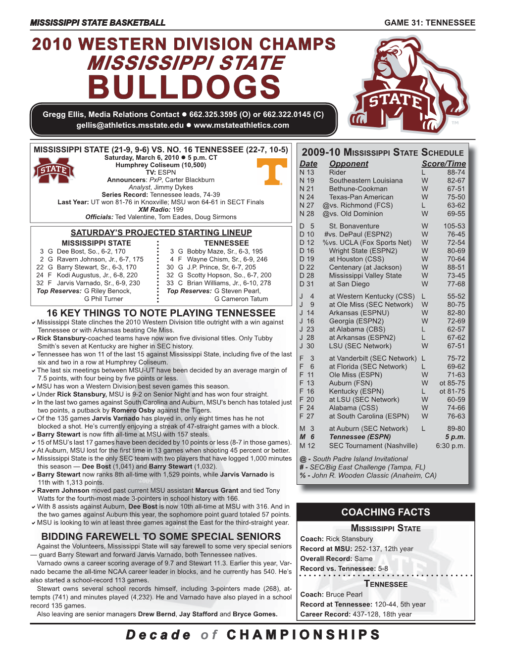 Tennessee Game Notes.Indd