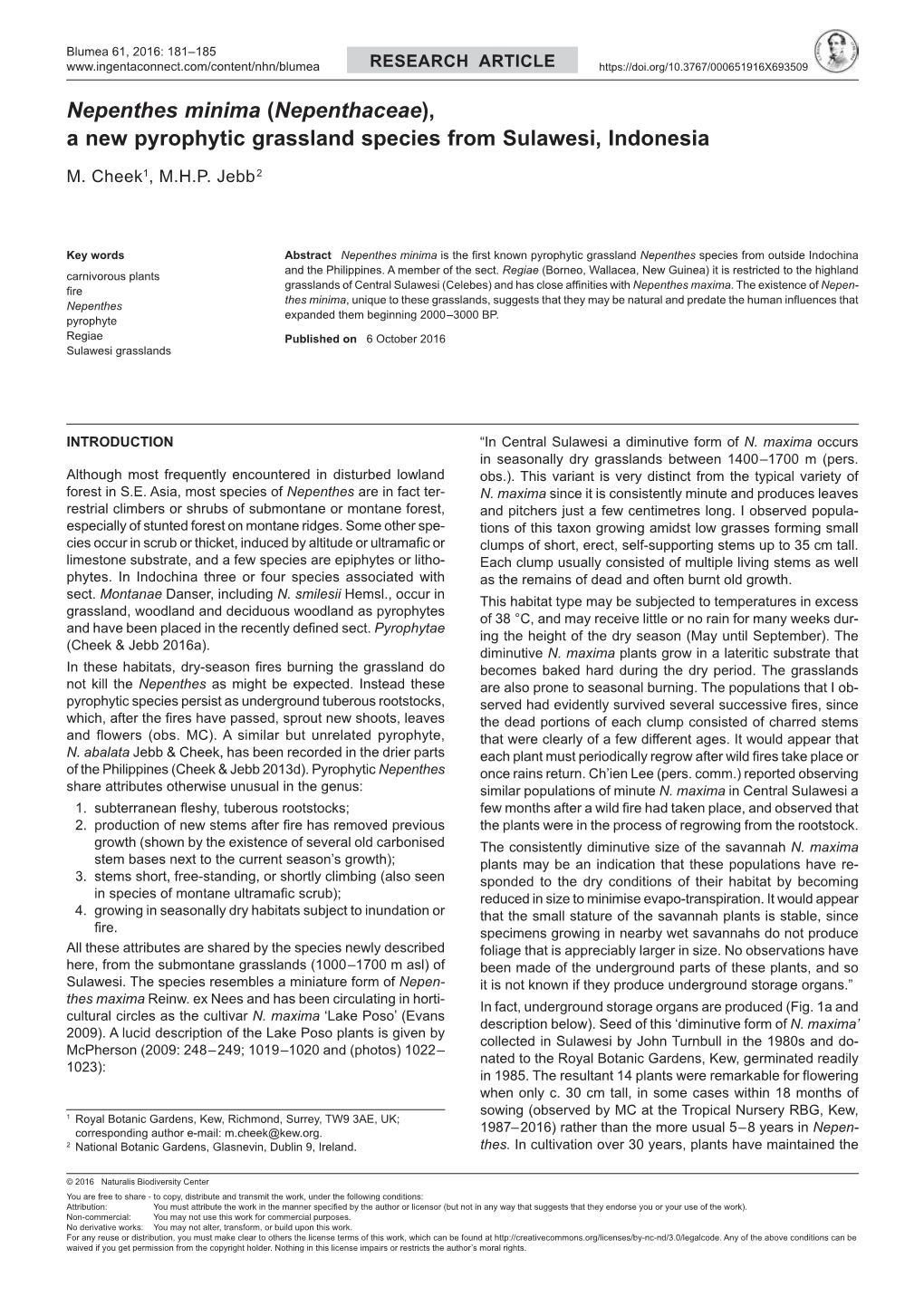 Nepenthes Minima (Nepenthaceae), a New Pyrophytic Grassland Species from Sulawesi, Indonesia M