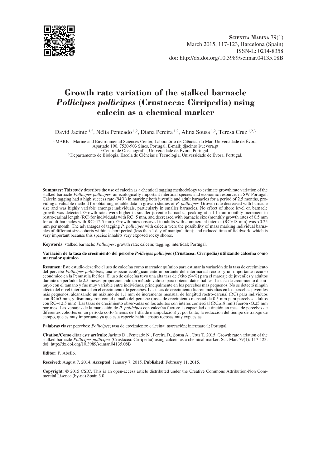 Growth Rate Variation of the Stalked Barnacle Pollicipes Pollicipes (Crustacea: Cirripedia) Using Calcein As a Chemical Marker