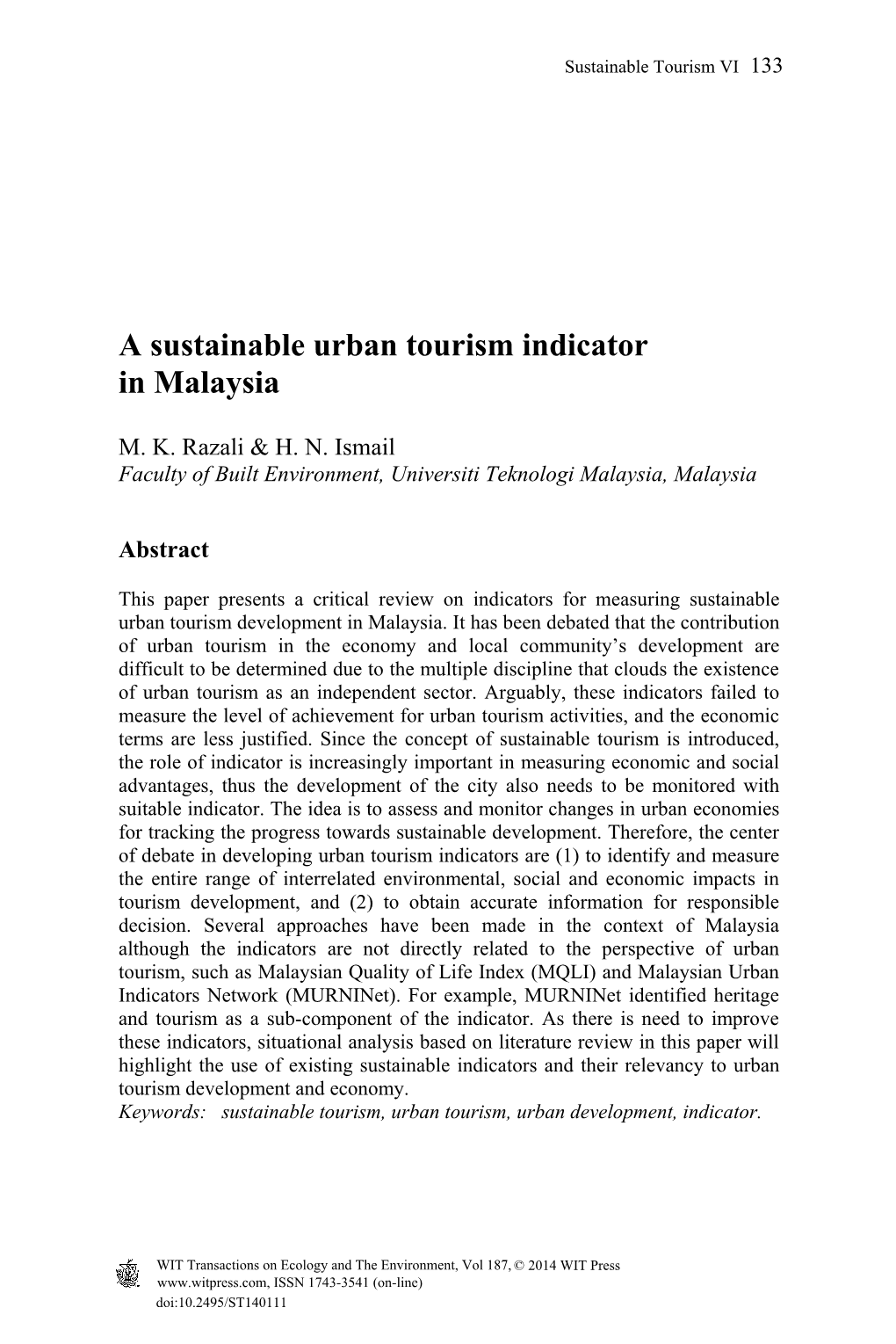 A Sustainable Urban Tourism Indicator in Malaysia