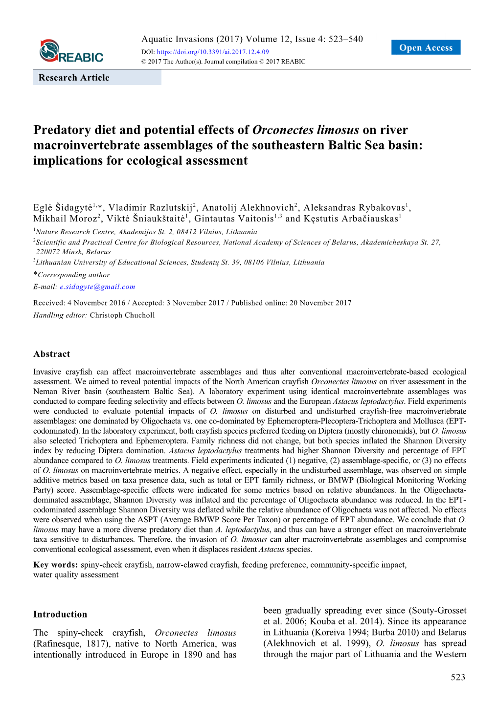 Predatory Diet and Potential Effects of Orconectes Limosus on River