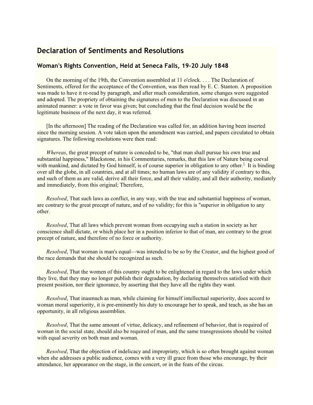 Elizabeth Cady Stanton Declaration of Sentiments and Resol…